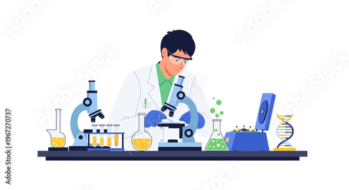 Scientist conducting experiment in lab vector illustration flat design