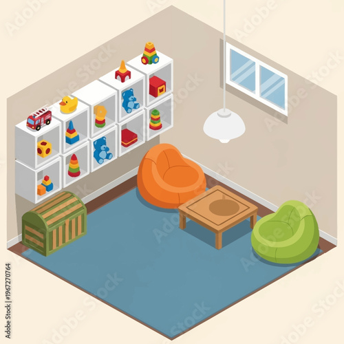 Fotografie Isometric playroom with toys, beanbag chairs, and a blue rug.