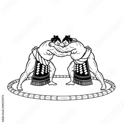 Two traditional japanese sumo wrestlers in action fighting pose hand drawn black and white vector illustration for sports culture martial arts posters and japan heritage themes graphic design art.