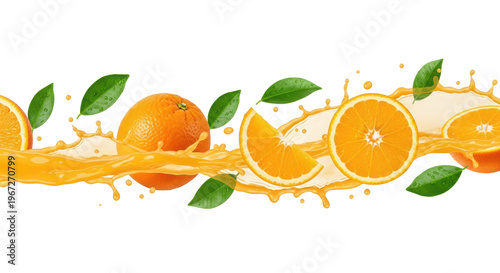 A dynamic splash of fresh orange juice with ripe sliced oranges and green leaves captured mid-air on a white background. Concept for beverage advertising