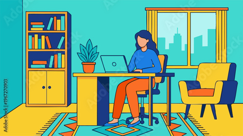 Woman working remotely on laptop in a vibrant home office illustration