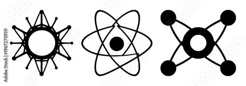 Quantum computing qubit atom set with solid black icon on white background featuring qubit, atom, quantum mechanics with iconography and vector graphics