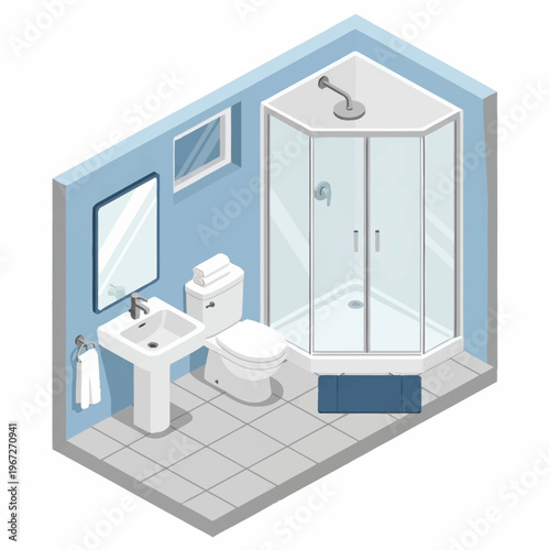 Isometric Bathroom Interior Design with Shower, Toilet, and Sink.