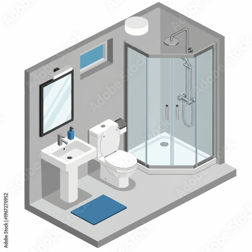 Isometric Bathroom Interior Design with Shower, Toilet, and Sink.
