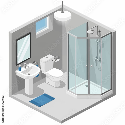Isometric Bathroom Interior Design with Shower, Toilet, and Sink.