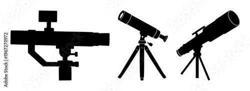 Telescope set with solid black icon against white background featuring telescope, stargazing, astronomy with vector and illustration