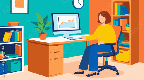Woman working on computer in office, data visualization for business analysis.