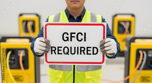 A construction worker holding a GFCI required sign in a workplace with safety equipment