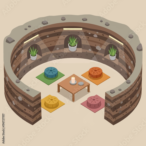Isometric Stone Structure with Seating and Plants Illustration.