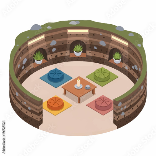 Isometric View of a Cozy Underground Meeting Room.
