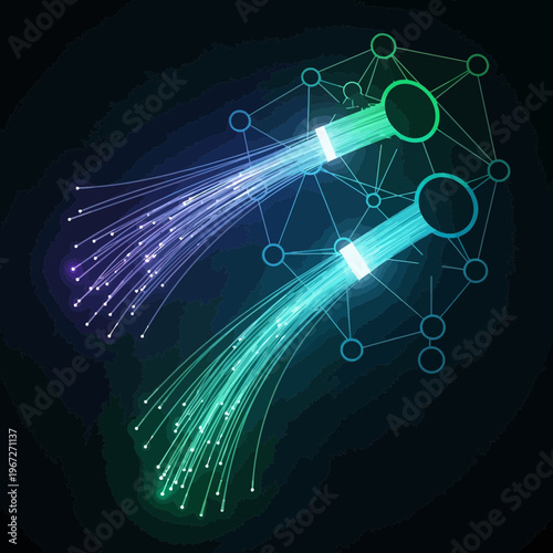Fiber optic cables transmitting data with network connections digital communication concept.