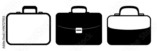 Office briefcase icon set with solid black silhouette on white background featuring business, travel, security with formality and professionalism