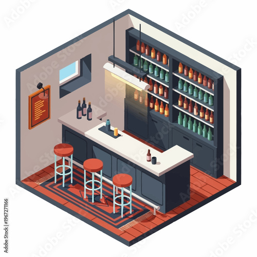 Isometric Bar Interior with Stools and Bottle Shelves.
