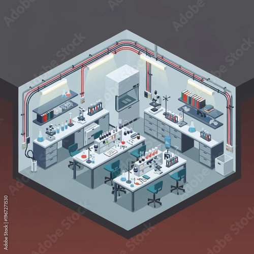 Isometric Laboratory Interior with Equipment and Workstations for Scientific Research.