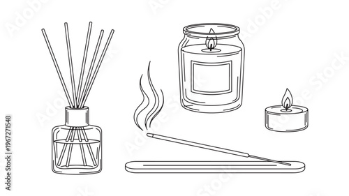 Aromatherapy items set with a diffuser, incense stick, and two candles for relaxation and home decor.
