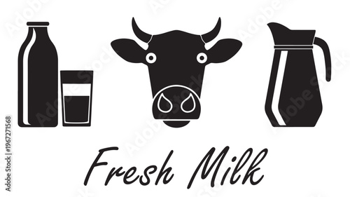 Cow head, milk bottle, glass, and jug illustration with "Fresh Milk" text in black silhouette on white background.