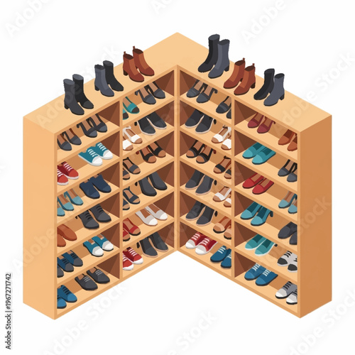 Isometric Shoe Rack with Various Footwear Styles.