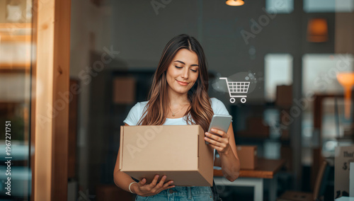 Mulher sorrindo ao receber encomenda representando satisfação do cliente no e-commerce