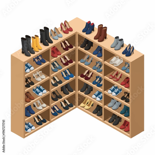 Shoe Rack with Various Footwear Styles Organized on Shelves.