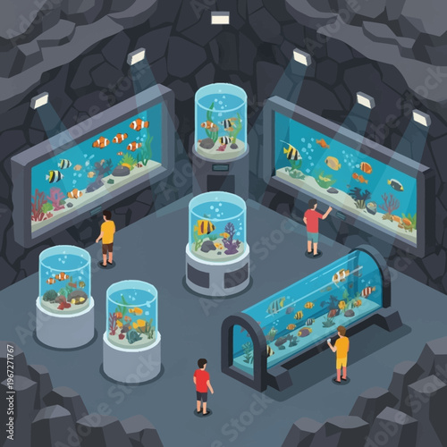 Isometric Aquarium Exhibit with Visitors and Diverse Fish Species.