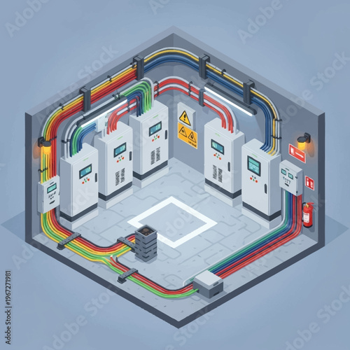 Isometric Electrical Room Illustration - Power Distribution and Control System.