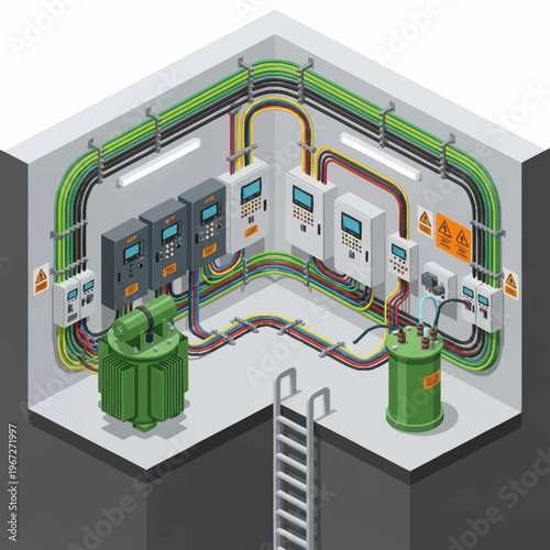 Isometric Electrical Room Illustration with Green Transformers and Wiring.