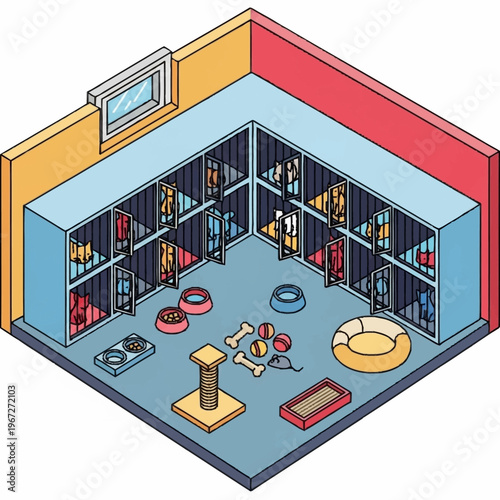 Isometric View of a Dog Shelter with Kennels and Accessories.