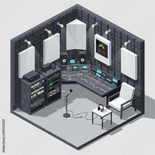 Isometric View of a Modern Recording Studio with Professional Equipment.