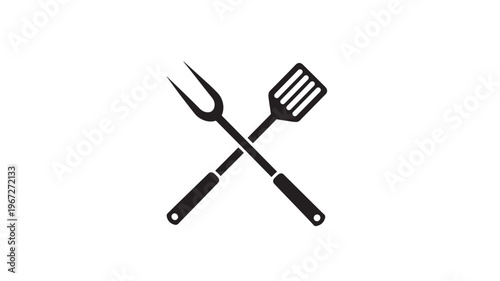 Spatula and meat fork icon with black handles and crossed design for grilling and cooking tool representation