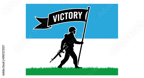 Soldier holding victory flag high.