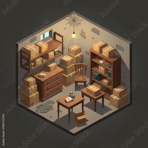 Isometric Room Scene with Boxes and Furniture Illustration.