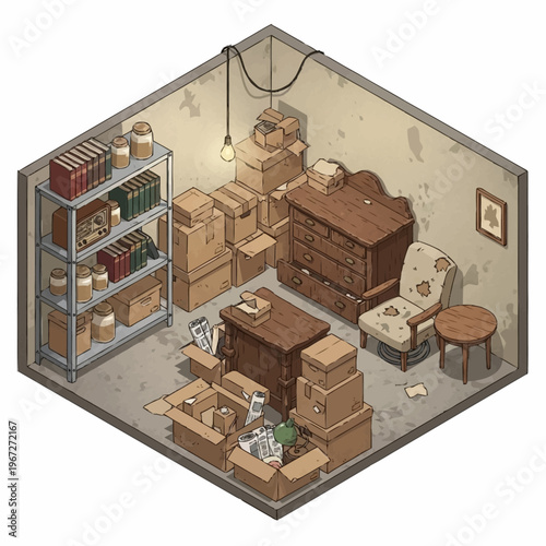 Isometric view of a cluttered storage room with boxes and furniture.