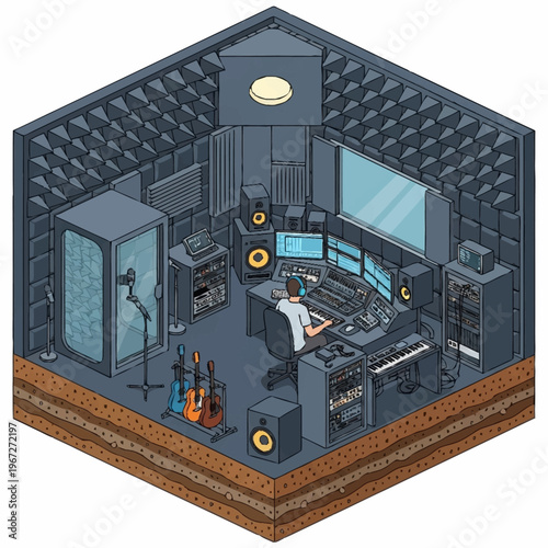 Isometric view of a music recording studio with equipment.