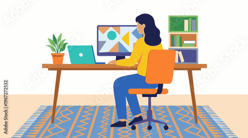 Woman working at a home office desk with computer and laptop