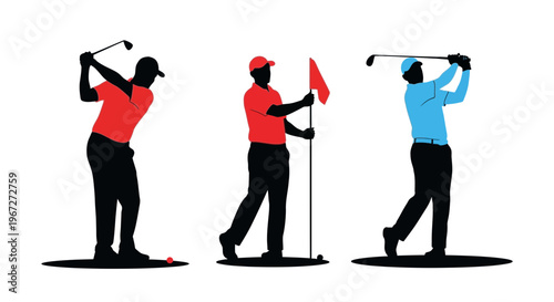 Golfers in various swing poses illustration.