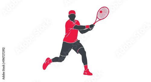 Tennis player in dynamic motion swing.