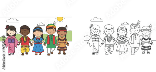 Diverse Children in Traditional Cultural Costumes Holding Hands Illustration Set with Coloring Page Outline for Kids Education Unity and Global Friendship Concept