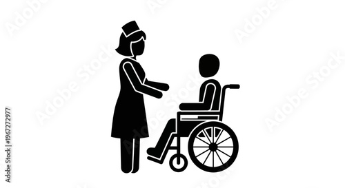 Nurse helping disabled patient in wheelchair.