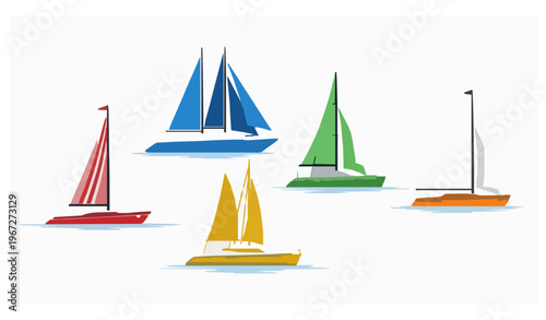 Flat vector illustration of diverse sailing boats with colorful sails on white background