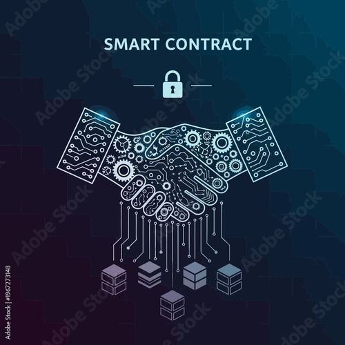 Smart contract handshake illustration representing digital agreement and blockchain technology.