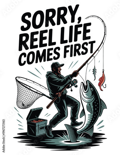 Fisherman reeling in a large fish with fishing gear Keywords: fishing, fisherman, fish, reel