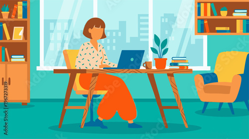 Woman working remotely on laptop at desk in a modern home office