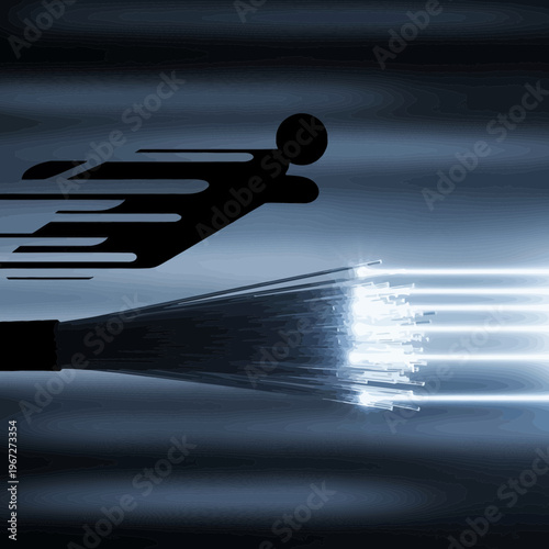 Fiber optic cable transmitting data at high speed with silhouette.