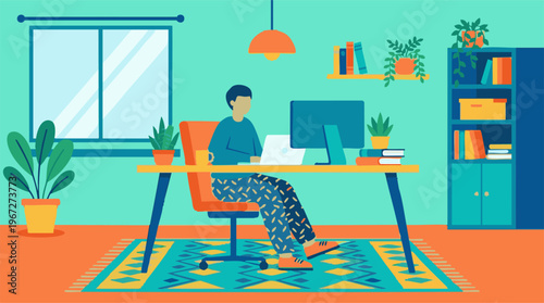 Illustration of a man working remotely from his home office