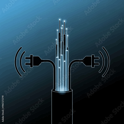 Fiber optic cable with plugs and wireless signals transmitting data.