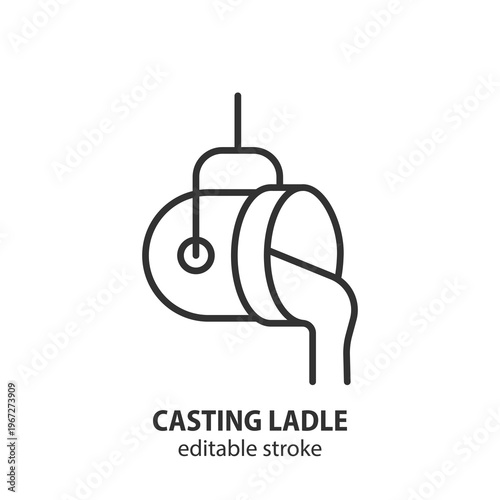Casting ladle  line icon with molten metal pouring. Industrial equipment for metallurgy and steel manufacturing. Editable stroke. Vector illustration.