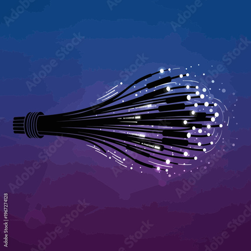 Fiber optic cables transmitting data with glowing light particles in the dark.