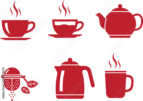 Set of red beverage icons for cafe and tea house menu