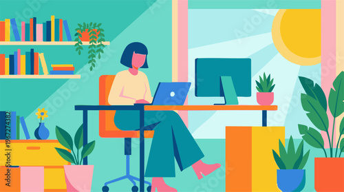 Woman working remotely on laptop in a bright, modern home office