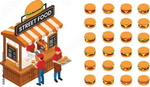 Street food burger stall illustration, isometric fast food kiosk with menu and multiple hamburger icons, colorful vendor scene, modern food design